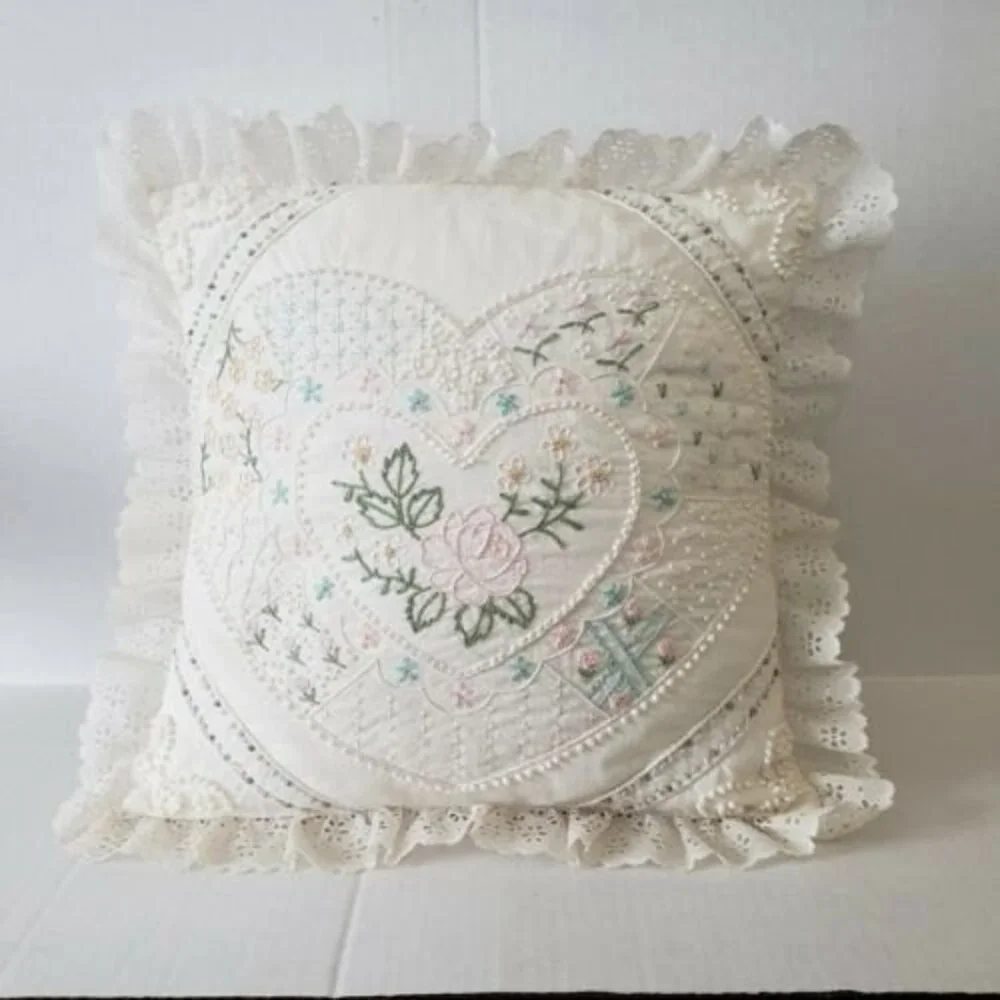 Something Special Heart Embroidered Pillow Eyelet Lace 14 x 14